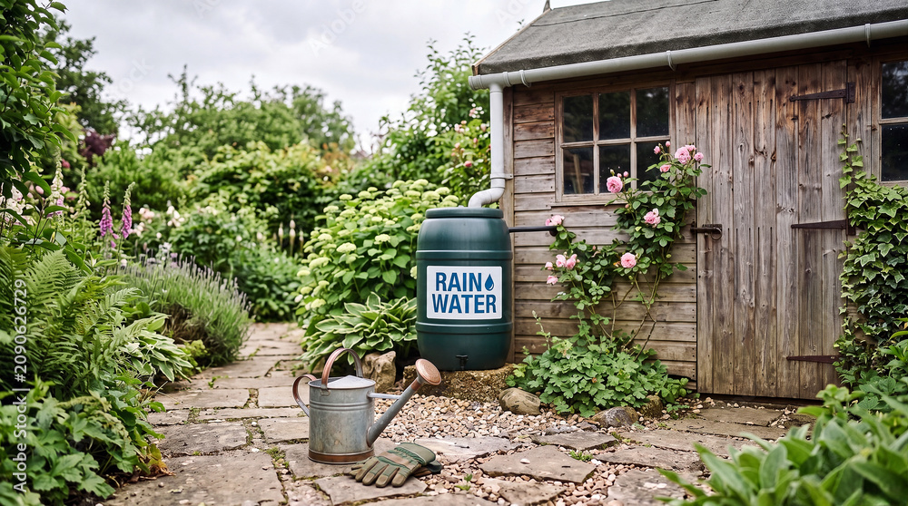 Obraz premium A green rain barrel labeled 