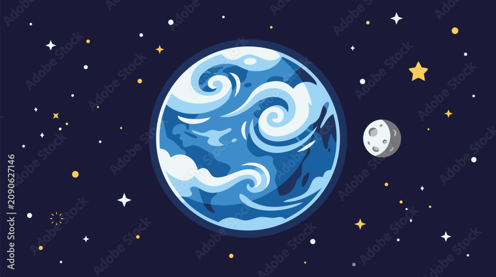 Fototapeta premium Majestic distant blue planet featuring intricate swirling white clouds suspended in deep starry space beside a small cratered moon with golden stars and cosmic dust creating a serene celestial