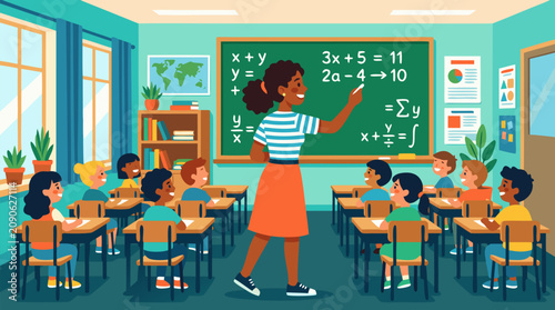 Cheerful teacher writing algebra equations on green chalkboard in sunny classroom with diverse students, colorful education vector for math lesson, school learning, knowledge and academic success