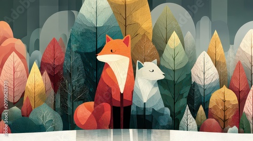 Colorful Illustration of Foxes in a Stylized Forest Landscape
