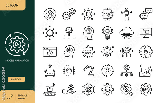 Process Automation Line Icons Set, Robotic Artificial Intelligence and Workflow Optimization Outline Symbols. Vector illustration