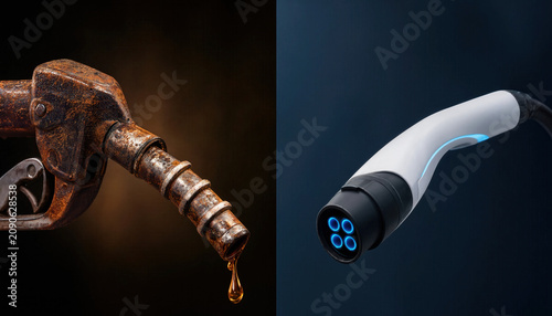 Close up of corroded gas pump nozzle next to modern electric vehicle charging plug on dark background