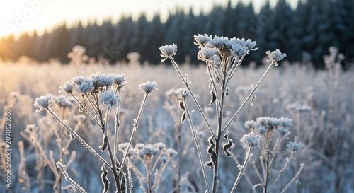 Frost Covered Wildflowers Standing in Snowy Meadow at Sunrise