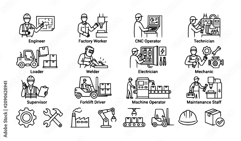 Fototapeta premium Monochrome industrial workers icon collection editable vector illustration