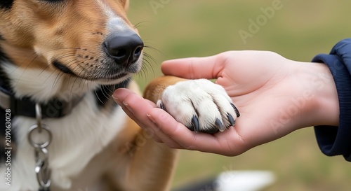 Gentle Dog Placing Paw in Human Hand Outdoors
