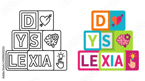 Colorful and outline versions of dyslexia awareness blocks.