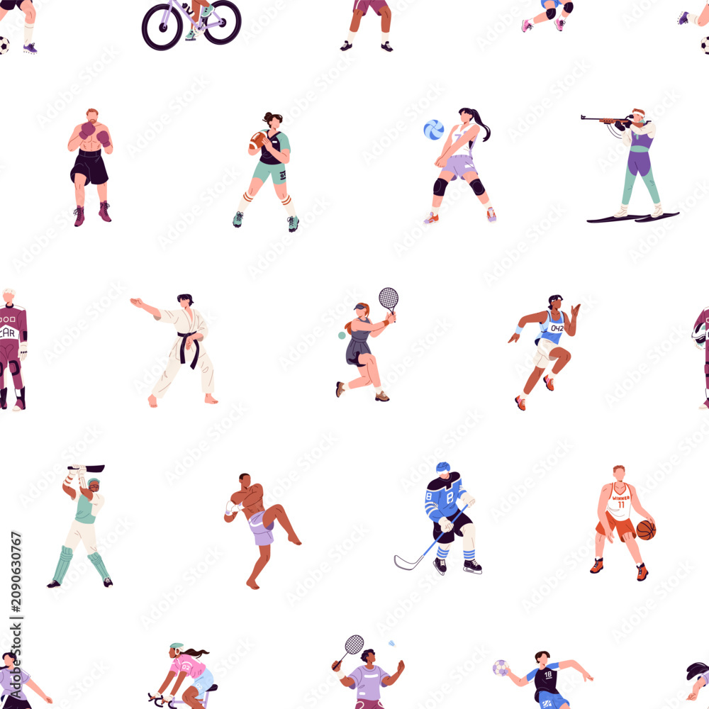 Obraz premium Repeatable pattern of different sports game players. Endless background of athletes playing basketball, football, volleyball, sportsmen boxing, skiing, running. Flat seamless vector illustration