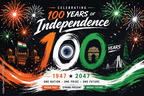 Foto Indian Independence Day 100 years celebration poster, patriotic tricolor banner