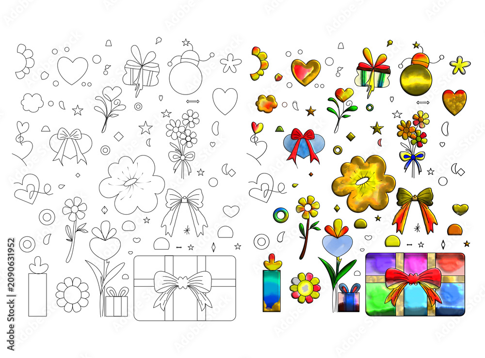 Naklejka premium set of colorful christmas icons,Cute Hand Drawn Gift and Flower Line Art Vector Elements Set