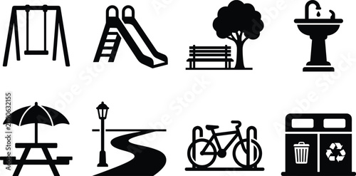 Park Amenities Icon Vector Collection Featuring Swing, Slide, Bench, Fountain, Picnic, Bicycle, and Trash Bin