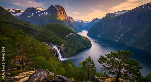 Dramatic Mountain Fjord Landscape Glowing at Sunset with Waterfall and Pine Forest