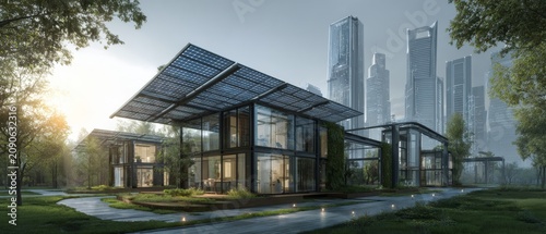 Modern Eco-Friendly Building with Solar Panels and Lush Greenery Against City Skyline.