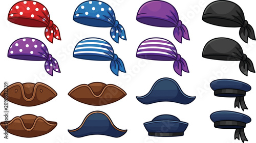 Tableau sur toile Pirate Bandana and Sailor Hat Vector Icon Set with Tricorn Headwear, Polka Dot H