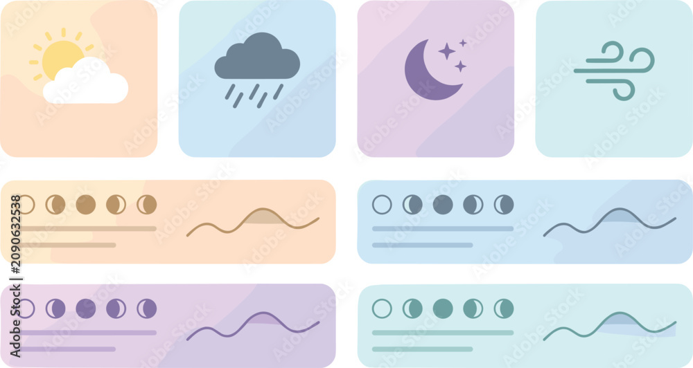 Fototapeta premium Weather Forecast Widget Vector Icon Set with Sunny Clouds, Rain, Moon Night, Wind, Moon Phases, and Temperature Charts