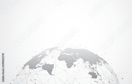 Global business and digital network communication concept. World map with plexus lines and dots.