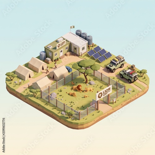 Clean 3D Isometric View of a Stylized Lion Conservation Project Base with Research Tents, Vehicles, and Low-Poly Lions

