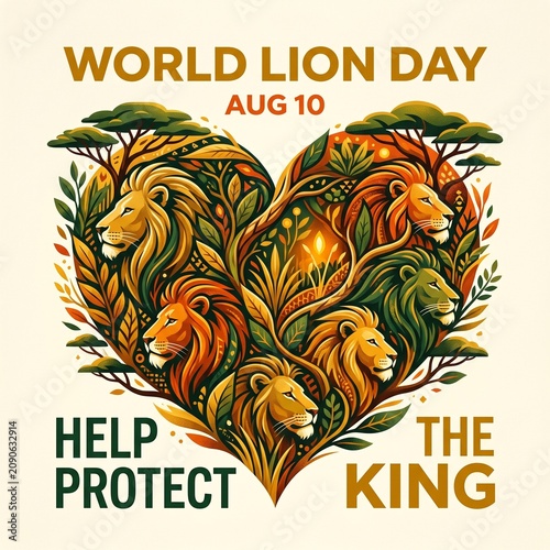 Stylish Modern Conceptual Illustration for World Lion Day Social Media Post with Interwoven Savanna Heart and Bold Typography


