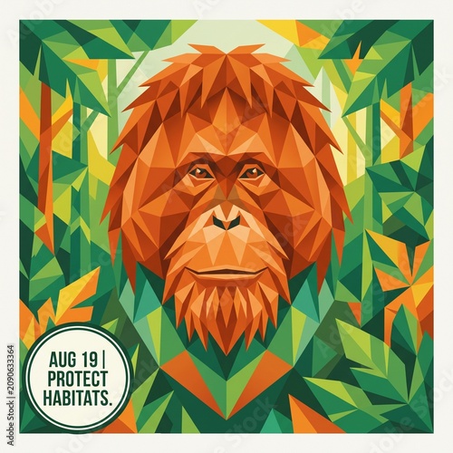 Modern Corporate-Friendly Low-Poly Vector Art of Orangutan Head Made of Green and Orange Geometric Triangles

