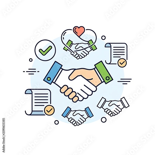 Colorful Handshake Agreement Icons Arranged on Clean White Background