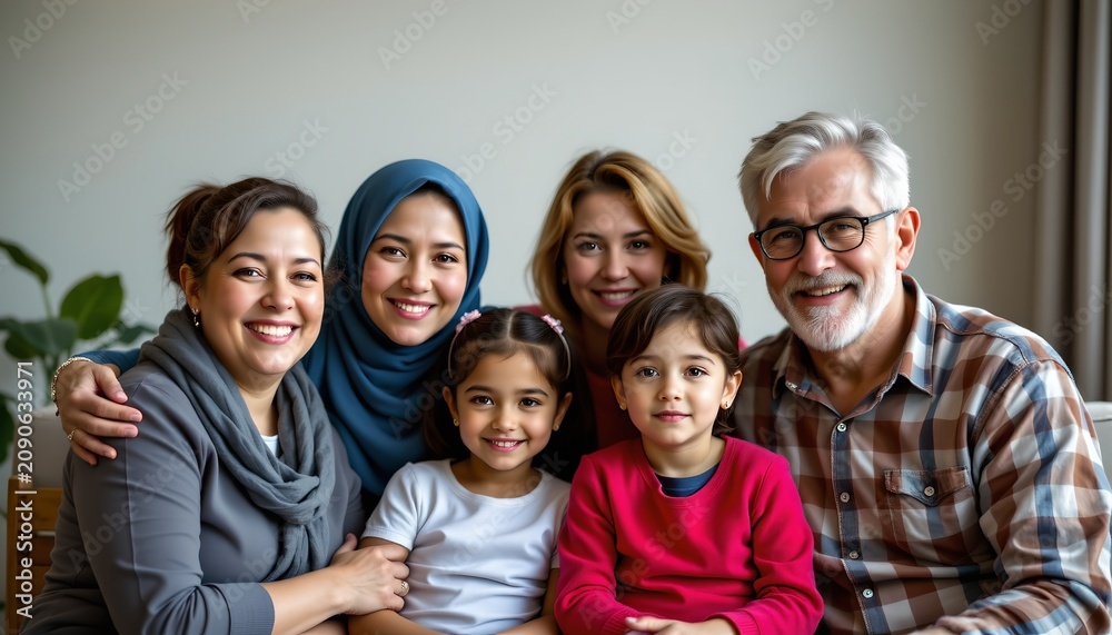 Obraz premium A diverse family group of six people, including children and adults, are gathered closely together indoors, smiling warmly at the camera