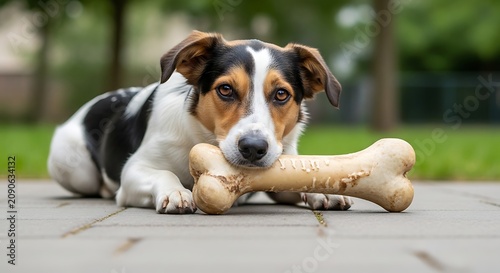 Alert Tricolor Dog Lying with Large Chew Bone on Outdoor Patio