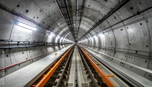 Subway Tunnel Perspective - Concrete Walls and Railway Tracks.