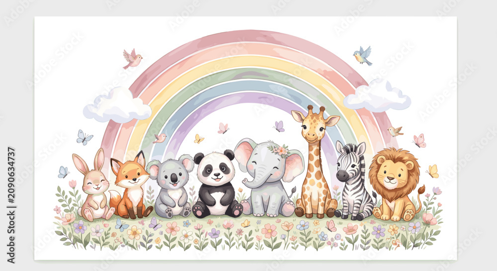 Fototapeta premium Cute cartoon animal and toy characters set for kids room nursery wall decoration, vector illustration collection