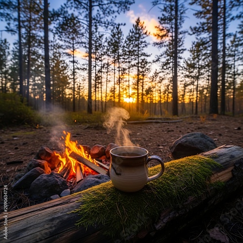 Steaming Ceramic Mug Beside Campfire at Sunset in Pine Forest Campsite