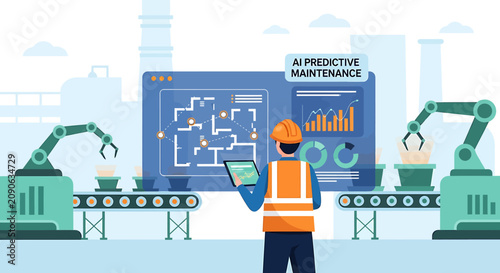 Industrial engineer monitoring smart factory automation and AI predictive maintenance on digital dashboard screen.