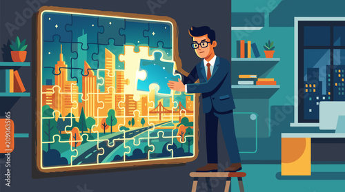 Determined businessman placing the final glowing puzzle piece into a city vision board, strategic success vector illustration of problem solving, innovation, teamwork, planning and completed goals