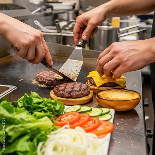 Close Up Hands Preparing Cheeseburgers on Griddle in Restaurant Kitchen