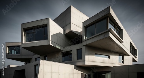Modern Concrete House with Cantilevered Geometric Volumes Under Dramatic Cloudy Sky