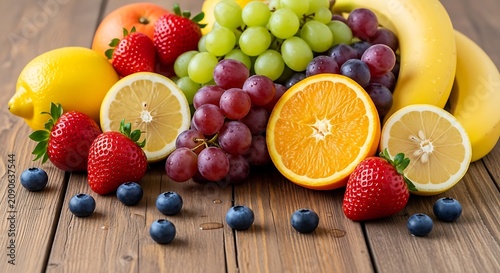 Colorful Fresh Fruit Assortment Arranged on Rustic Wooden Table