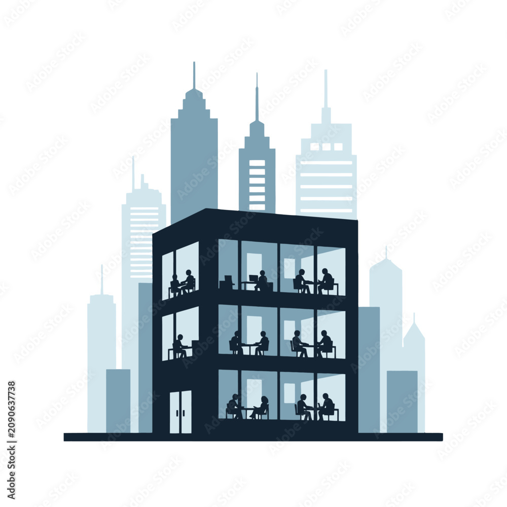 Obraz premium A silhouette of a modern office building with workers inside a city skyline