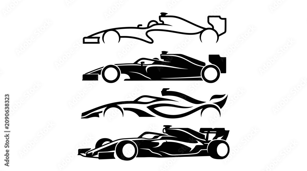 Fototapeta premium Set of four black silhouette icons of Formula 1 race cars.