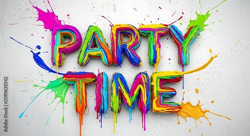 Colorful Party Time Text with Paint Splatter on White Wall