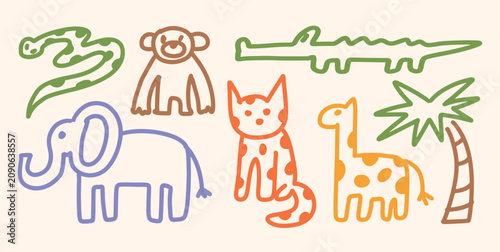 Photography Hand-drawn doodles of wild animals including elephant, monkey, crocodile, giraffe, snake and cat