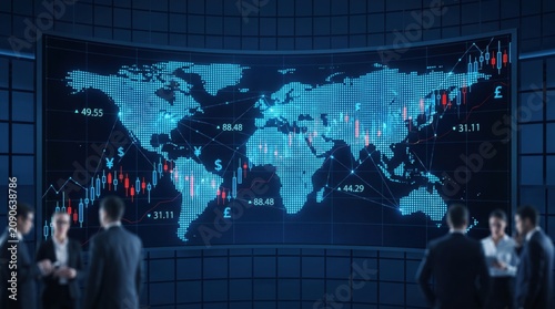 Global Fintech Analysts Monitoring Real Time Digital Currency Market Trends on Large Screen Display