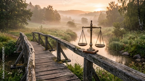 Justice Scales Resting on a Rustic Bridge Amidst a Tranquil Foggy Woodland Scene
