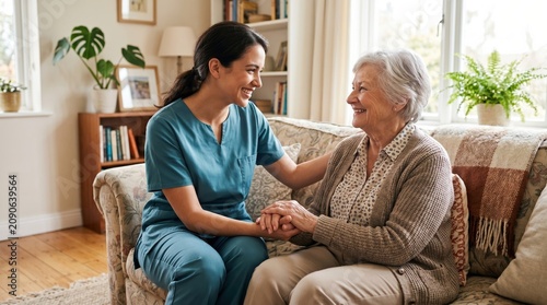 Hispanic female caregiver supporting elderly woman with dementia in home setting