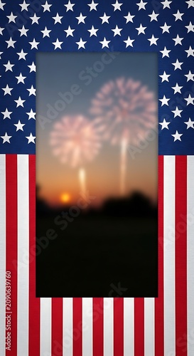 Patriotic American Flag Border Framing Blurred Fireworks at Sunset