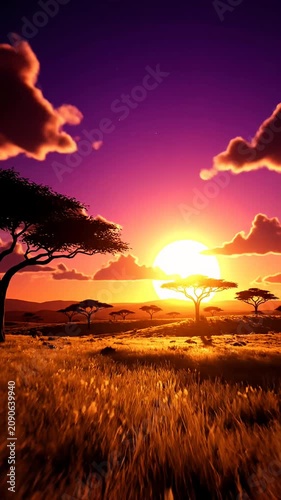 Golden sunset over the wild African savanna plains.