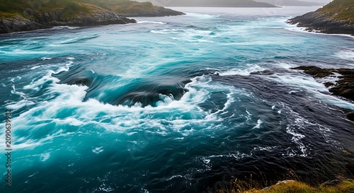 Powerful Turquoise Ocean Whirlpool Swirling Between Rocky Coastal Cliffs