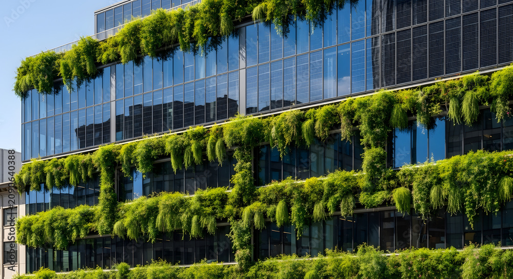 Fototapeta premium Building facade covered in greenery and solar glass