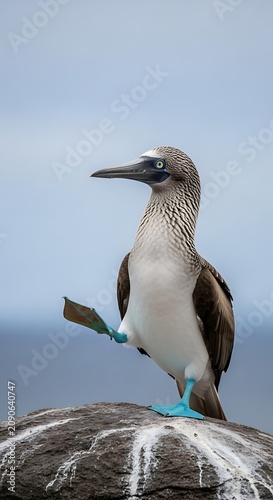 Blue Footed Booby Standing on Rocky Coastal Ledge Against Soft Ocean Background