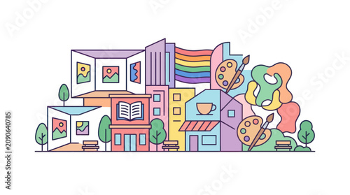 Canvastavla Creative Cityscape with Art Galleries, Bookshop, and Rainbow Flag