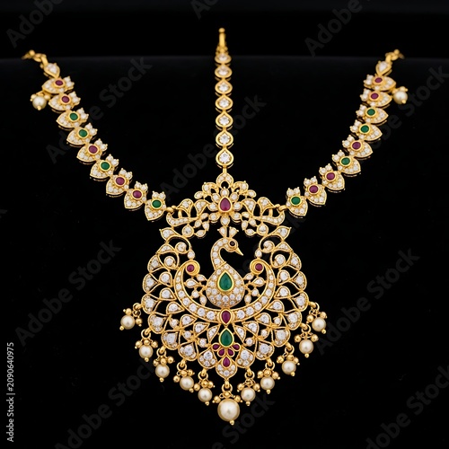 Ornate Gold Bridal Necklace Displayed on Black Velvet Background