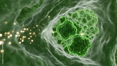 Microscopic journey through glowing green chloroplasts inside a leaf