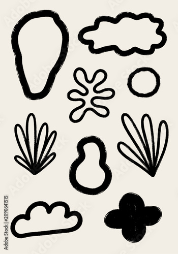 Collection of black ink hand drawn organic shapes and outlines on a plain beige background