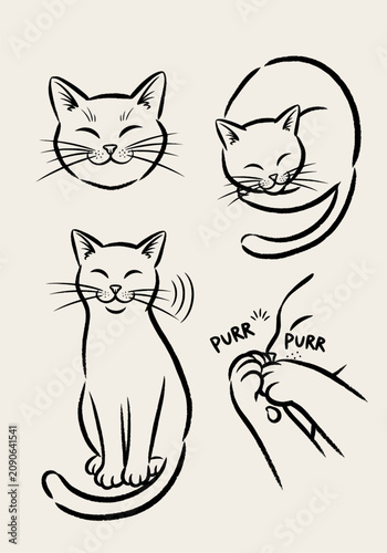 Four ink hand drawn cats in various poses, including a sleeping cat, a sitting purring cat, and a kneading paw